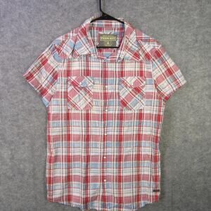 Farm Boy Shirt Mens Medium Red Blue Plaid Pearl Snap Western Short Sleeve
